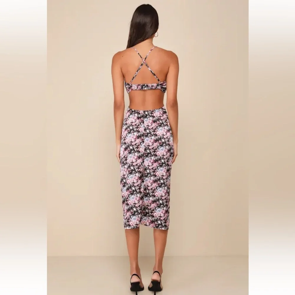 Lulus Unreal Charisma Black Floral Print Satin Cutout Midi Dress - Size L